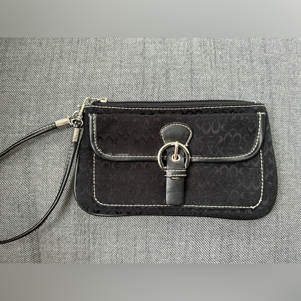 Coach clutch/wristlet, black w/ white stitching, silver hardware, good condition
